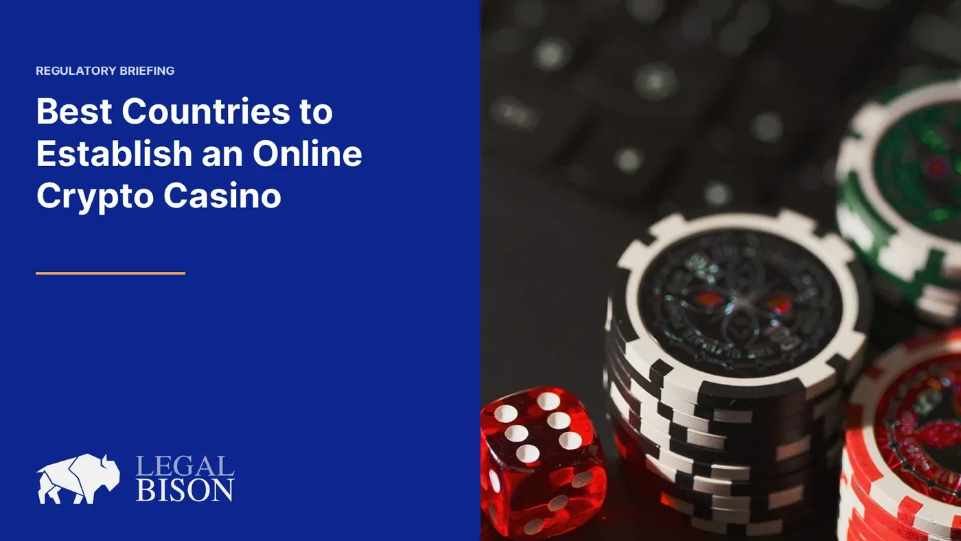 Poker chips and a red die beside the Best Countries to Establish an Online Crypto Casino title card