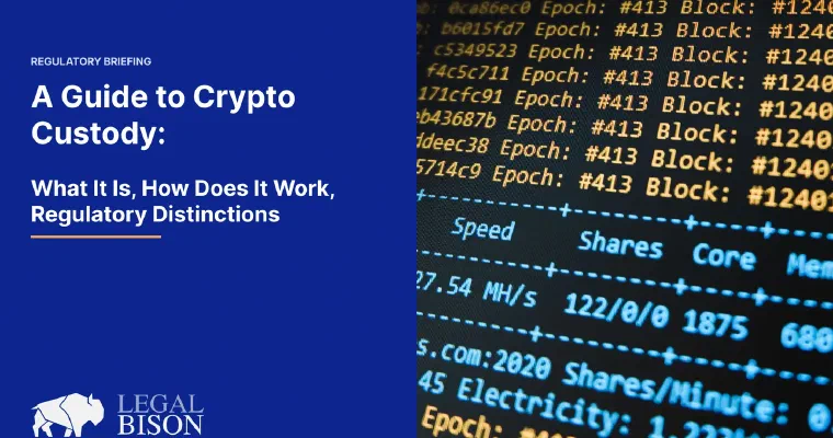Terminal screen of blockchain mining statistics beside the crypto custody title card