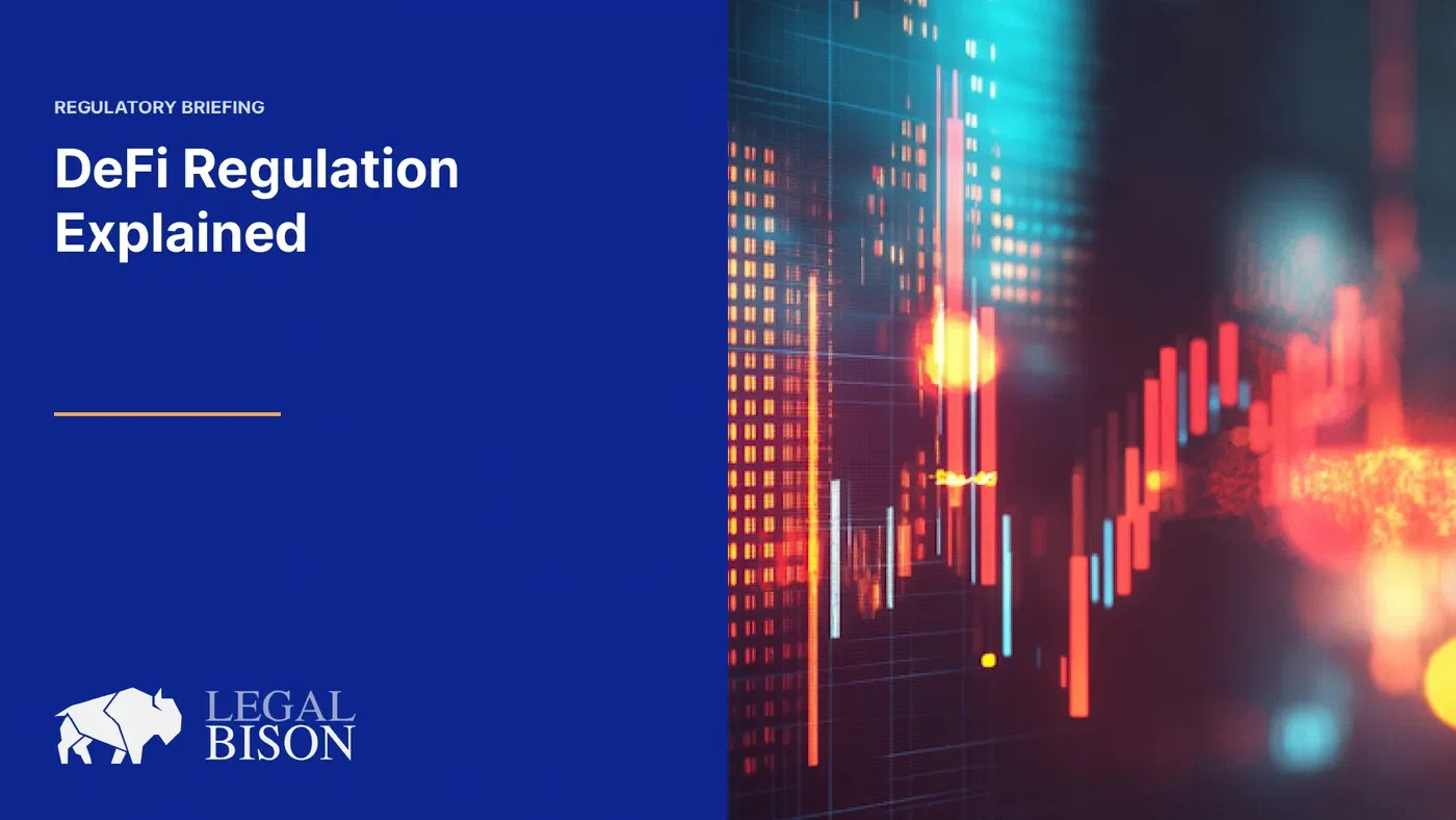 DeFi Regulation Explained cover: candlestick trading chart beside the LegalBison title card