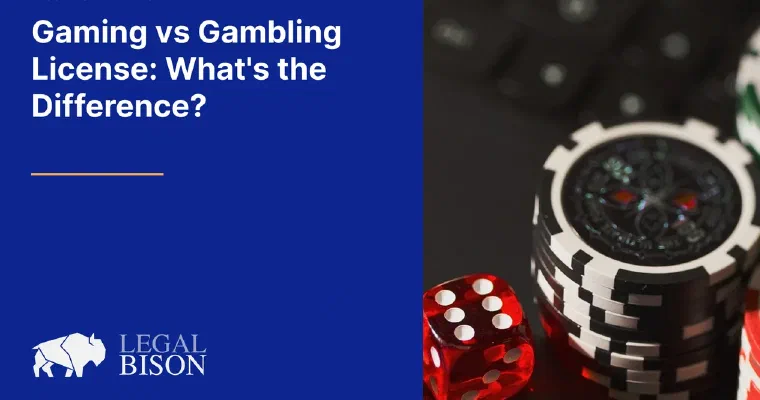 Poker chips and a red die beside the Gaming vs Gambling License title card