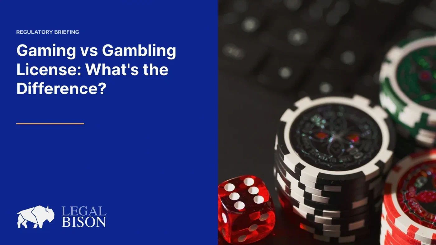 Poker chips and a red die beside the Gaming vs Gambling License title card