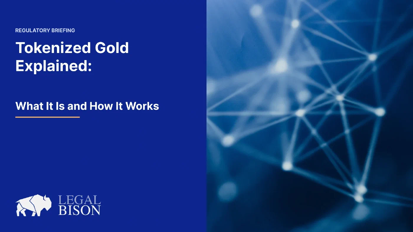 An abstract blue network of connected nodes representing tokenized gold on a blockchain