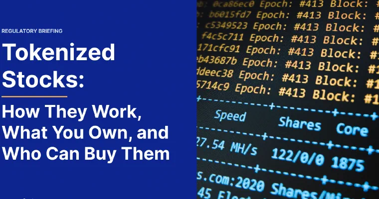 Cover for the tokenized stocks briefing: the title on a blue panel beside a close-up of cryptocurrency mining statistics on a screen