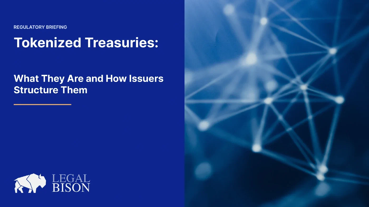 An abstract blue network of connected nodes representing tokenized treasuries on a blockchain